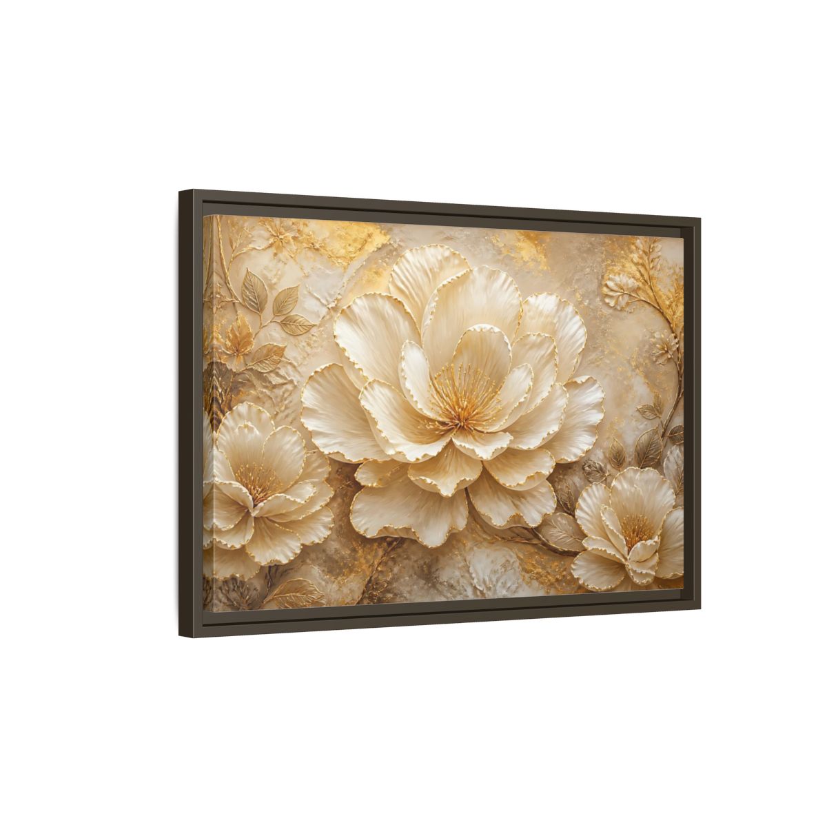 Side Mockup 2. Ivory & Gold Blossom Relief shown as framed canvas print