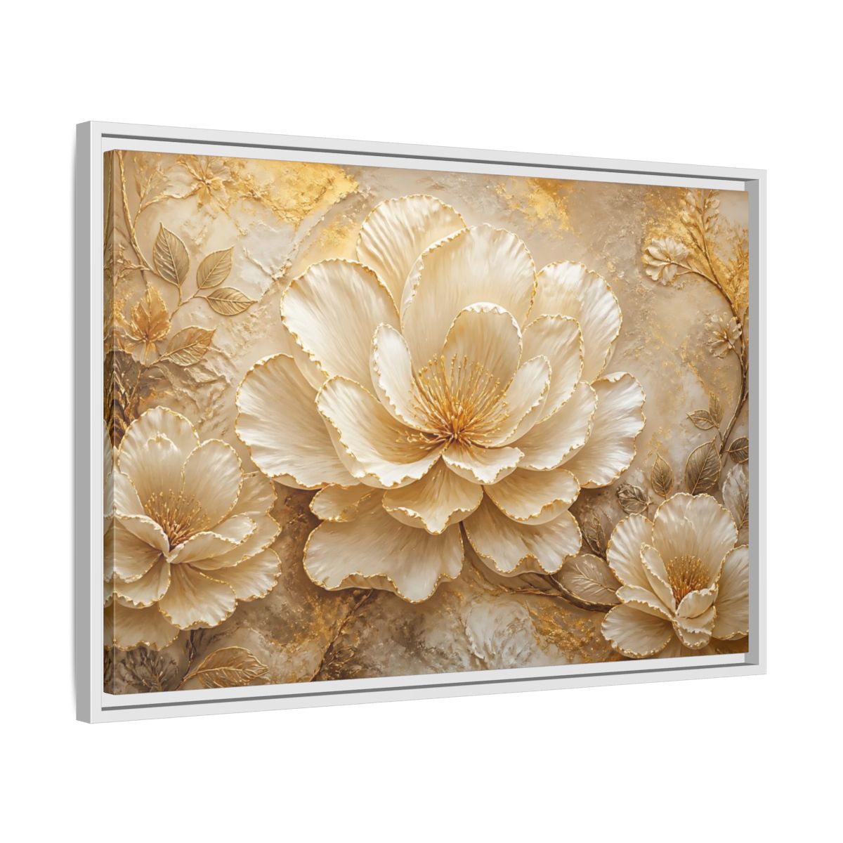 Side Mockup 10. Ivory & Gold Blossom Relief shown as framed canvas print