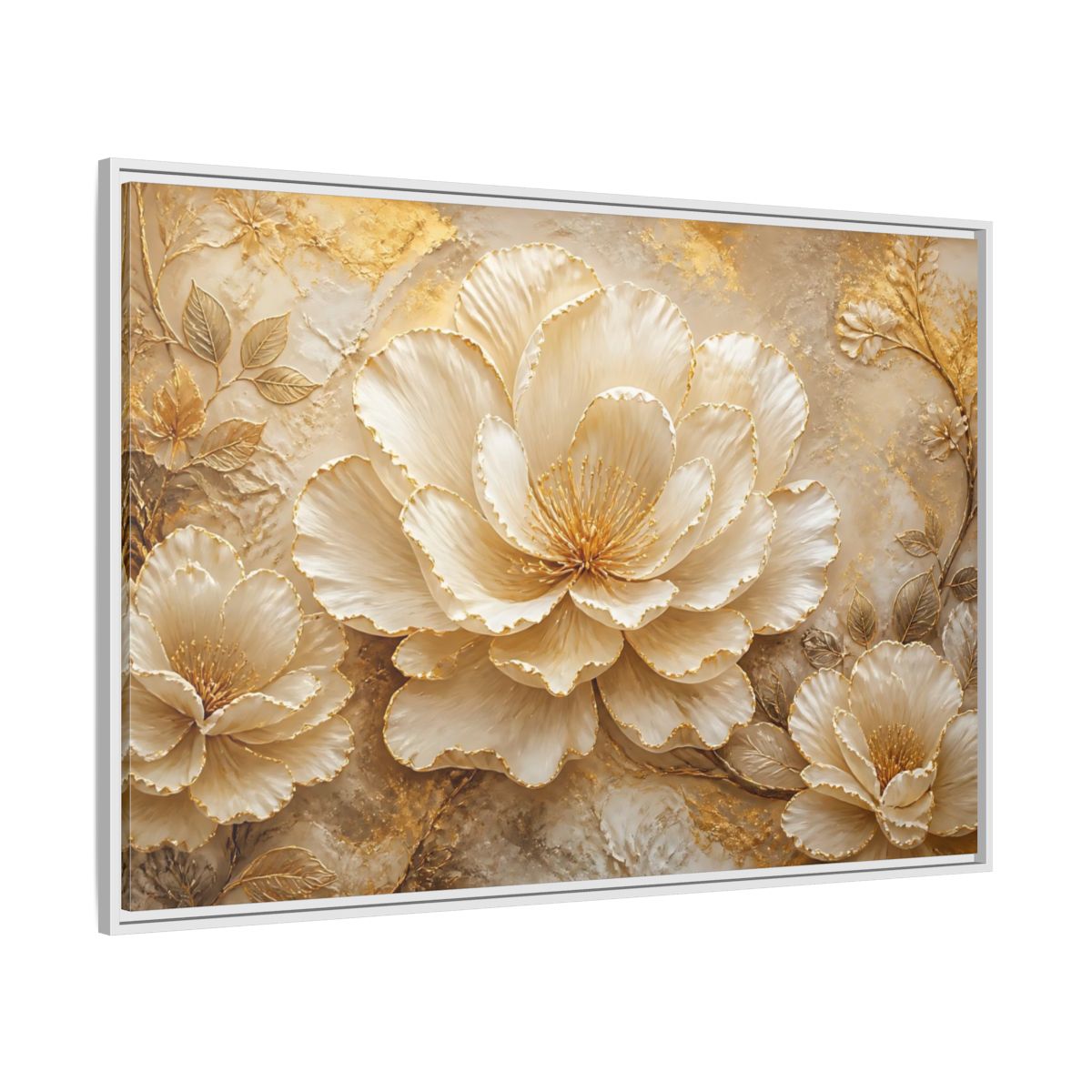 Side Mockup 7. Ivory & Gold Blossom Relief shown as framed canvas print