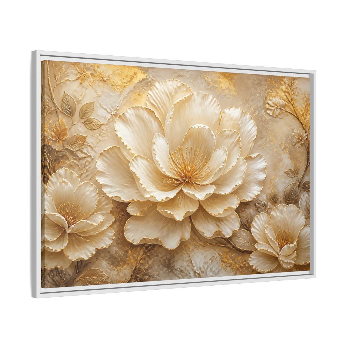 Side Mockup 9. Ivory & Gold Blossom Relief shown as framed canvas print