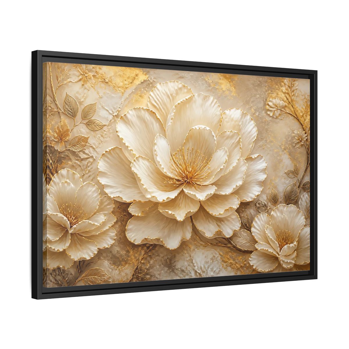 Side Mockup 14. Ivory & Gold Blossom Relief shown as framed canvas print