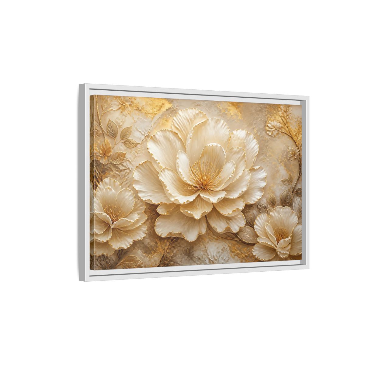 Side Mockup 1. Ivory & Gold Blossom Relief shown as framed canvas print