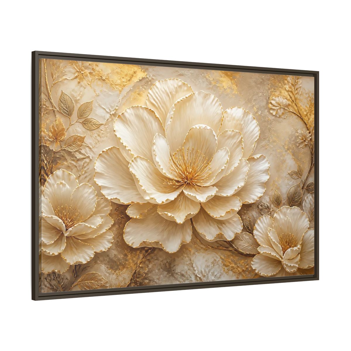 Side Mockup 8. Ivory & Gold Blossom Relief shown as framed canvas print
