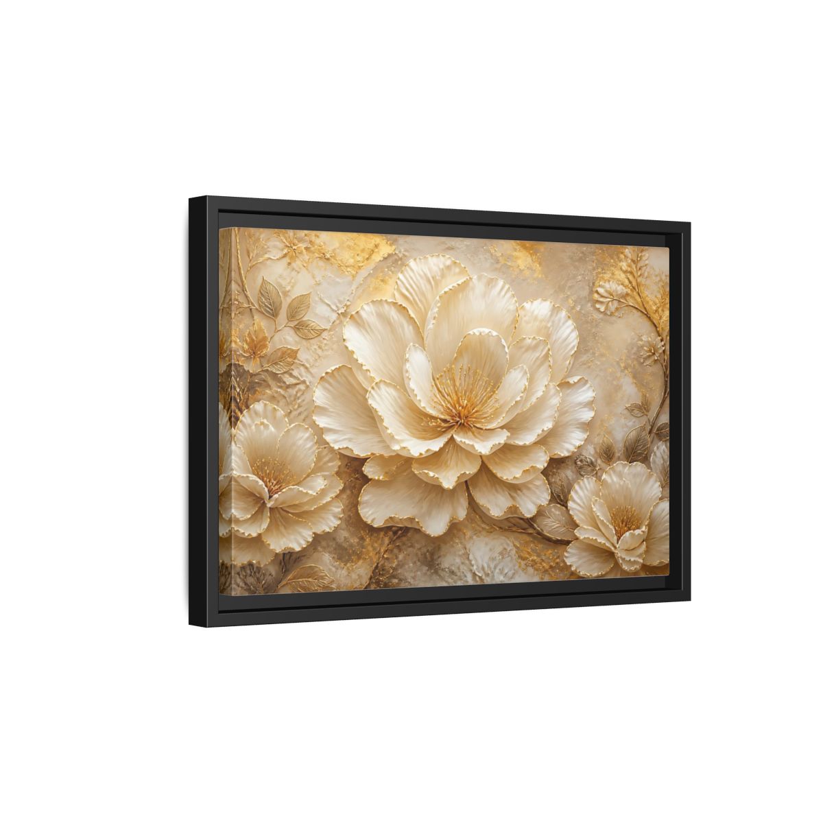 Side Mockup 6. Ivory & Gold Blossom Relief shown as framed canvas print