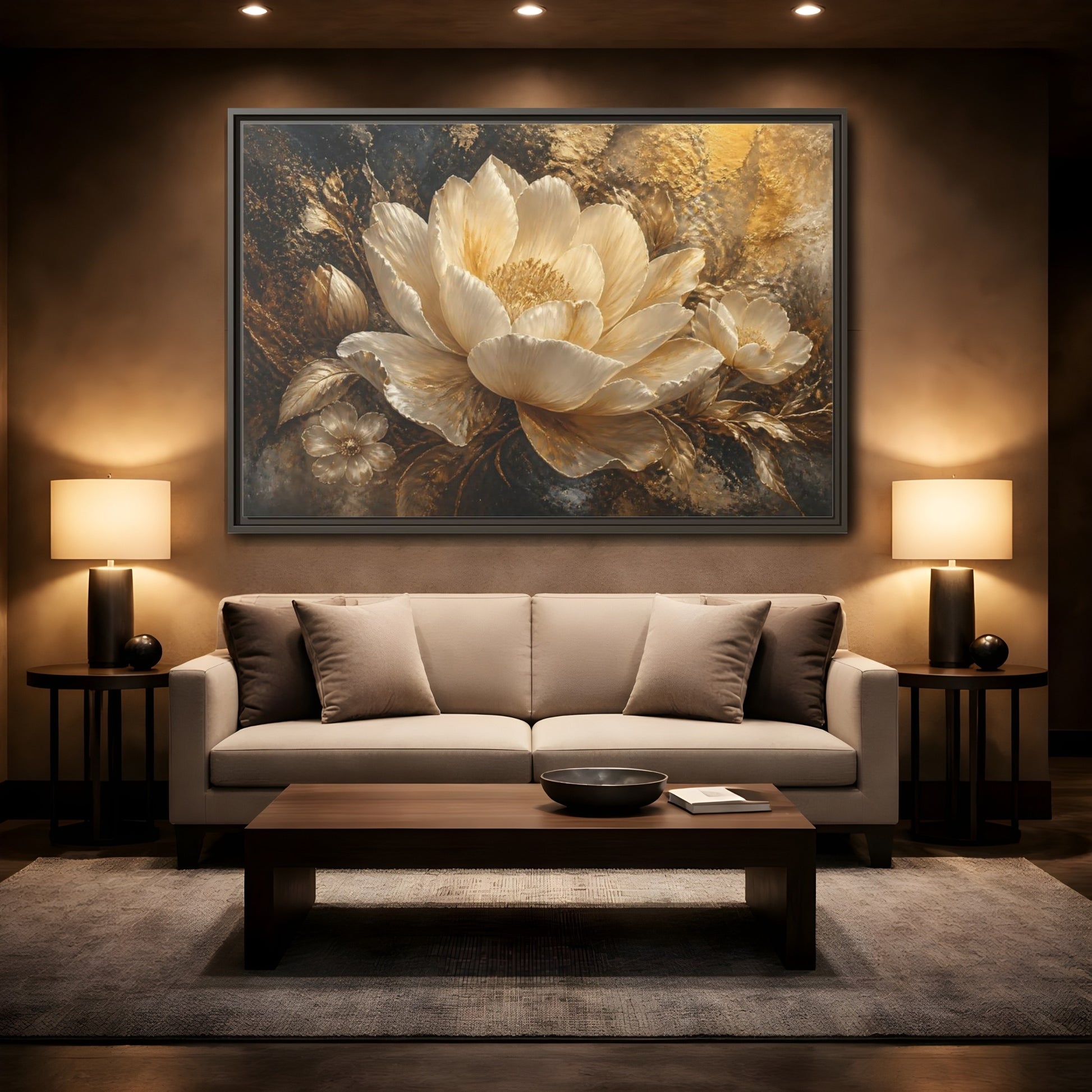 Mockup 2. Ivory Gold Blossom shown as framed canvas print