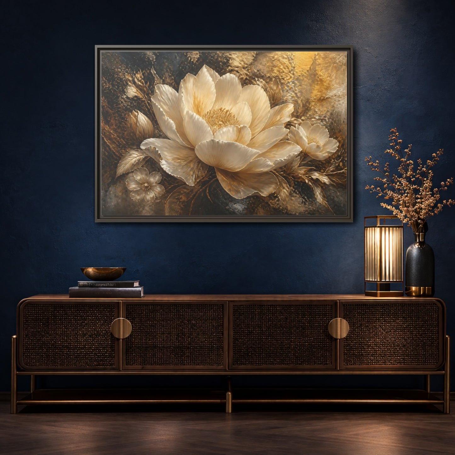 Mockup 4. Ivory Gold Blossom shown as framed canvas print