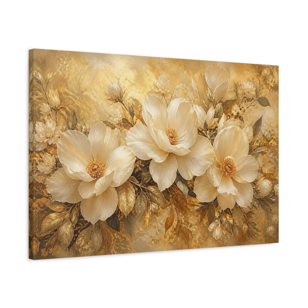 Side Mockup 2. Ivory & Gold Floral Trio shown as canvas print