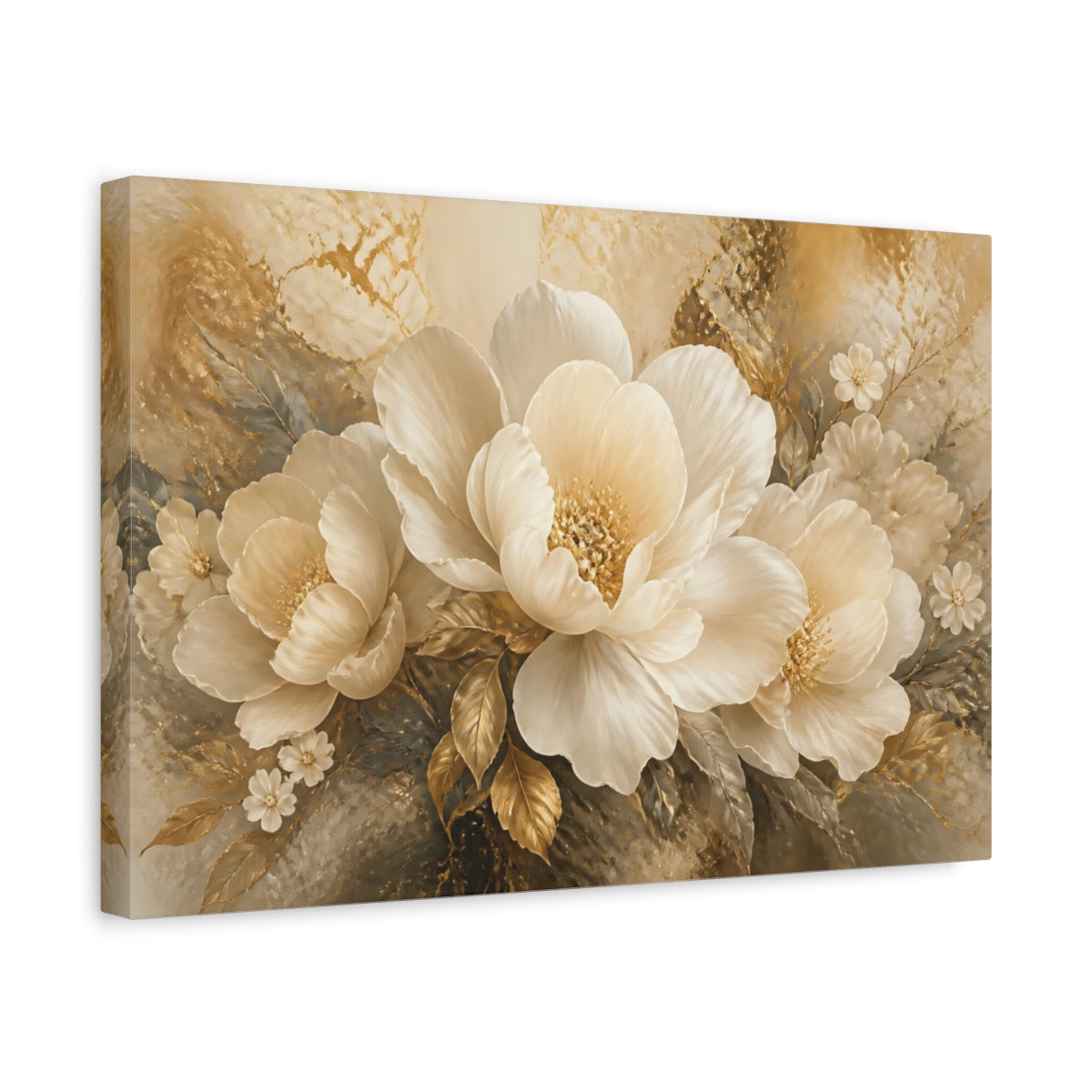 Side Mockup 4. Ivory Gold Peony shown as canvas print