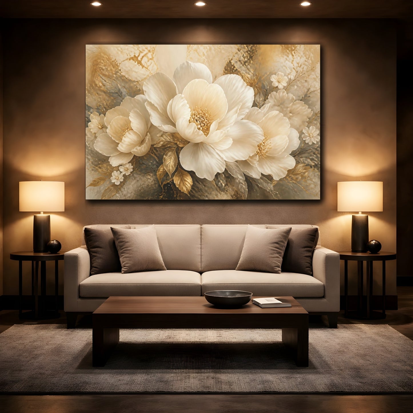 Mockup 2. Ivory Gold Peony shown as canvas print
