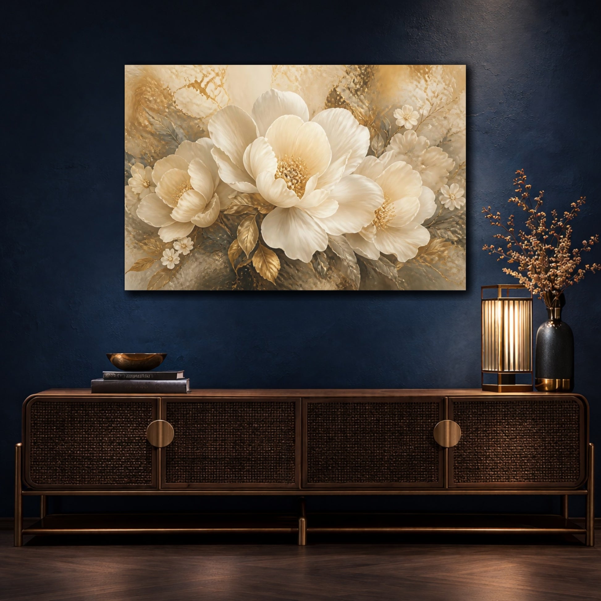 Mockup 4. Ivory Gold Peony shown as canvas print
