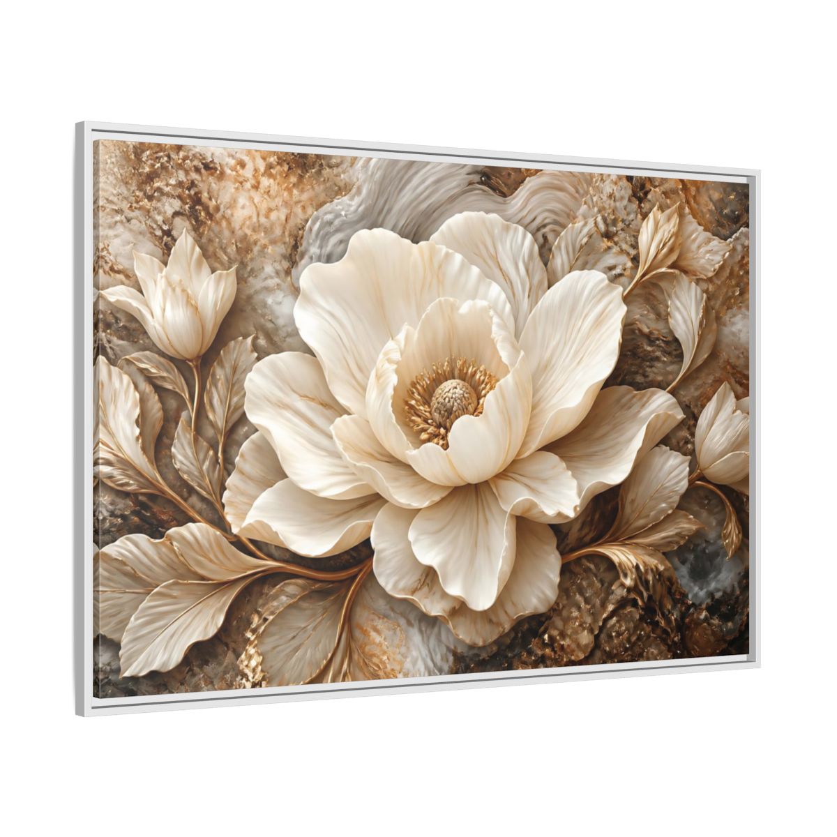 Side Mockup 7. Ivory Marble Flower Sculpture shown as framed canvas print