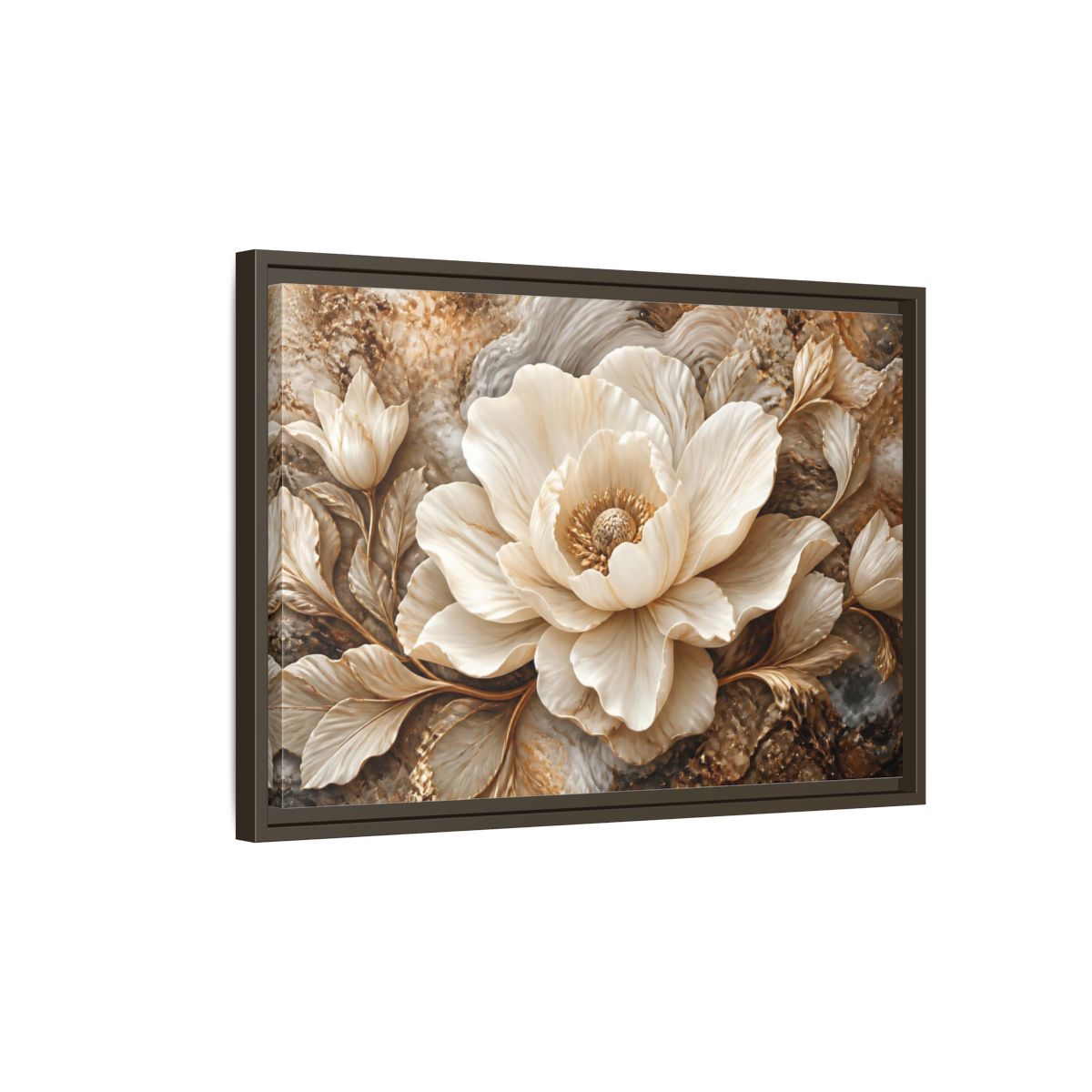 Side Mockup 2. Ivory Marble Flower Sculpture shown as framed canvas print