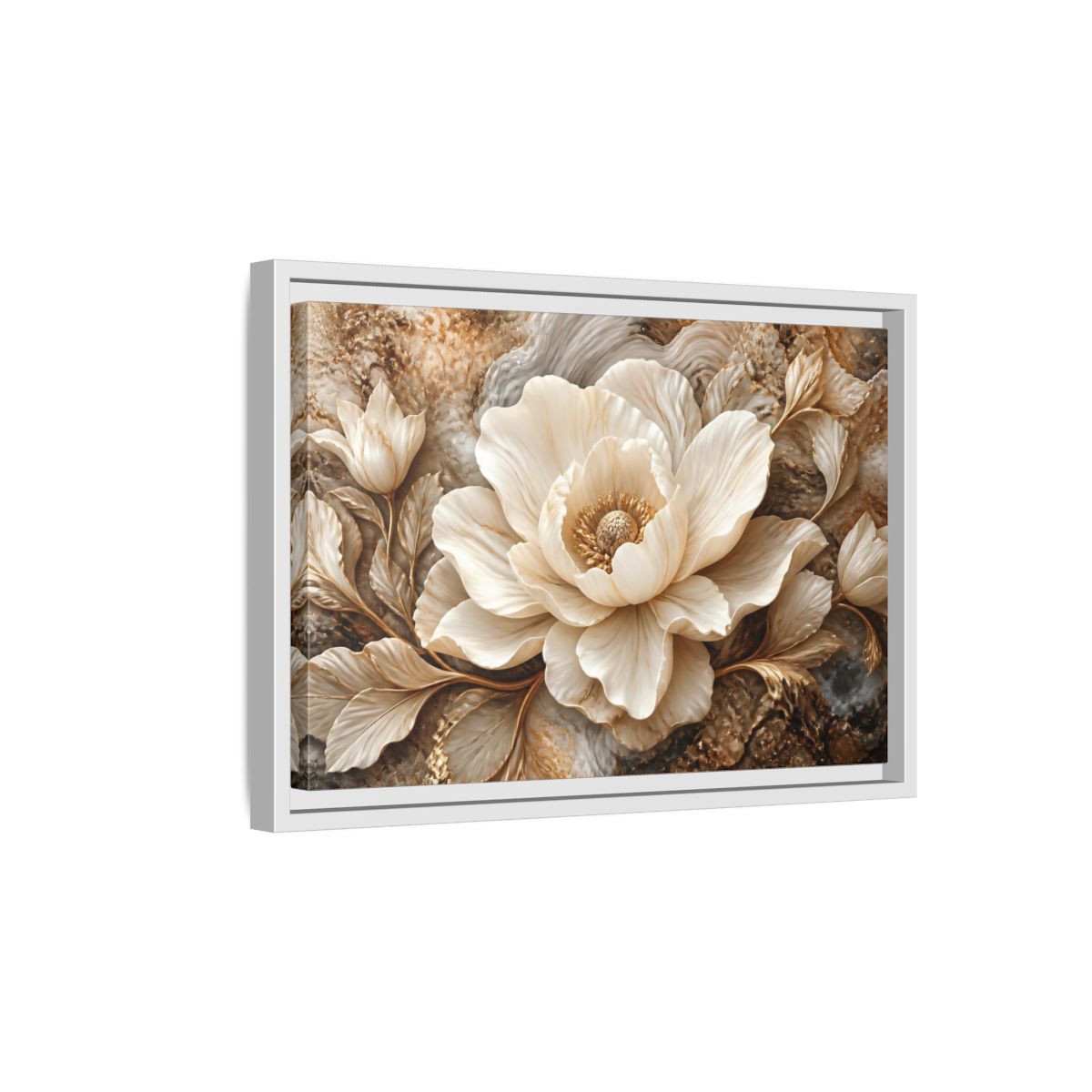 Side Mockup 4. Ivory Marble Flower Sculpture shown as framed canvas print
