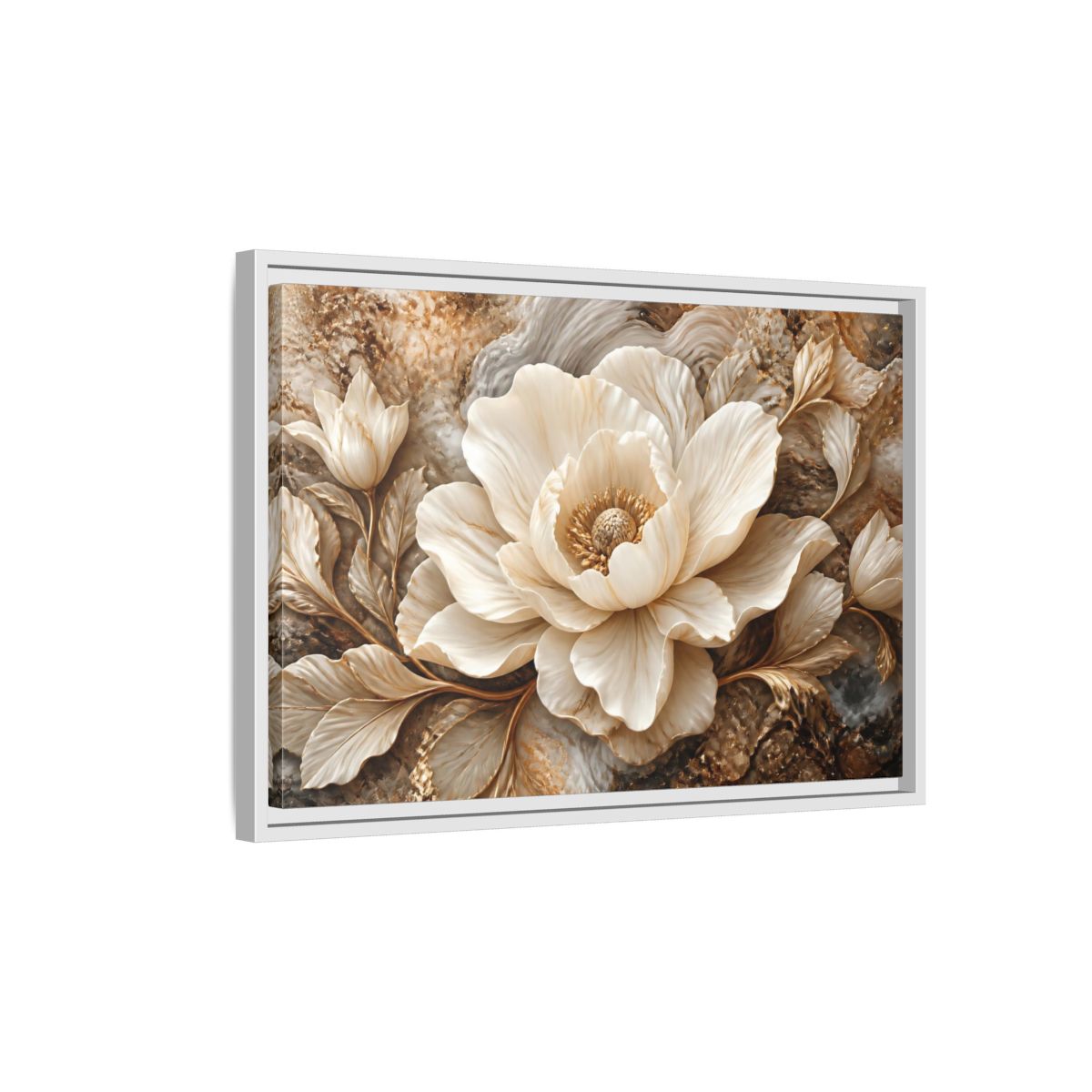 Side Mockup 1. Ivory Marble Flower Sculpture shown as framed canvas print