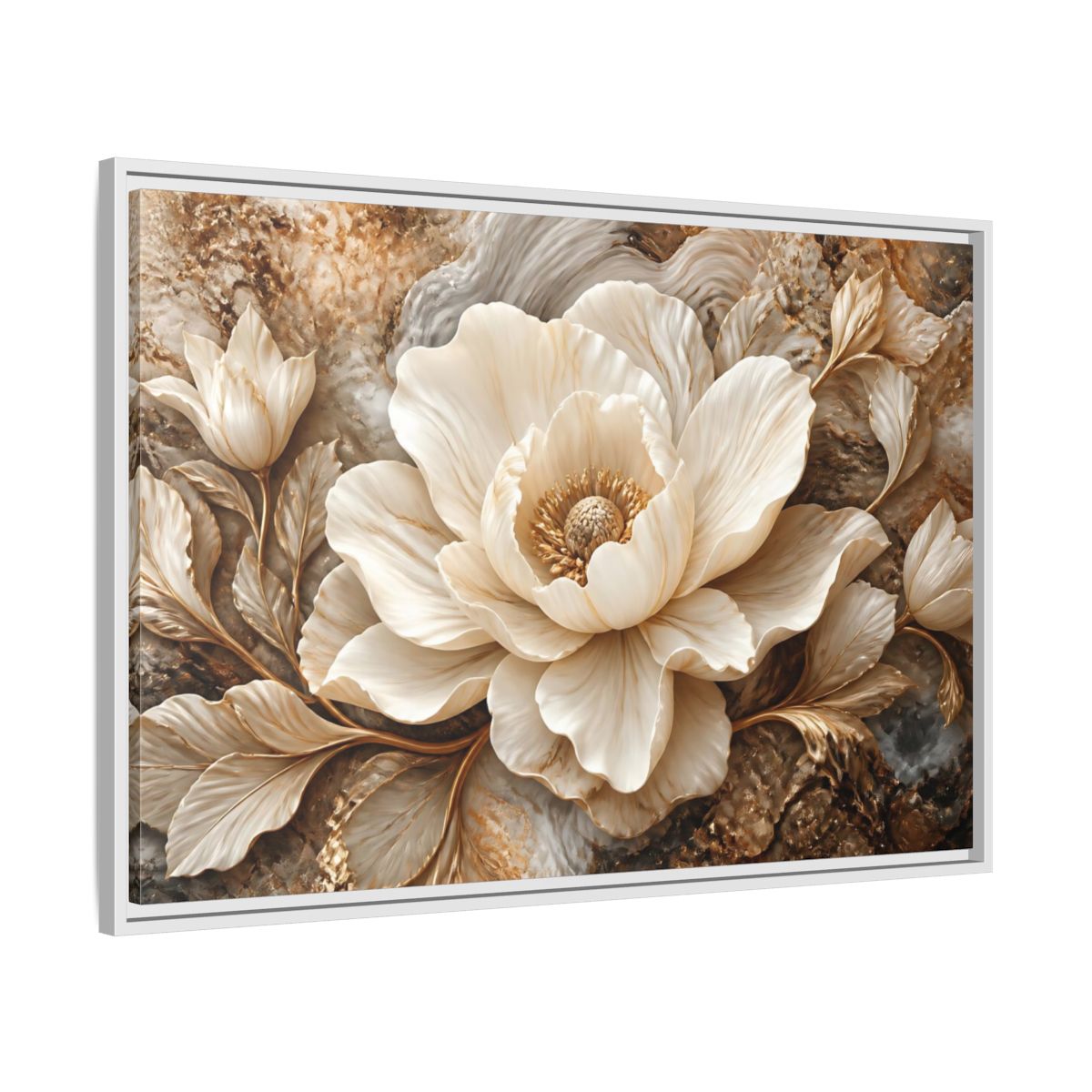Side Mockup 9. Ivory Marble Flower Sculpture shown as framed canvas print