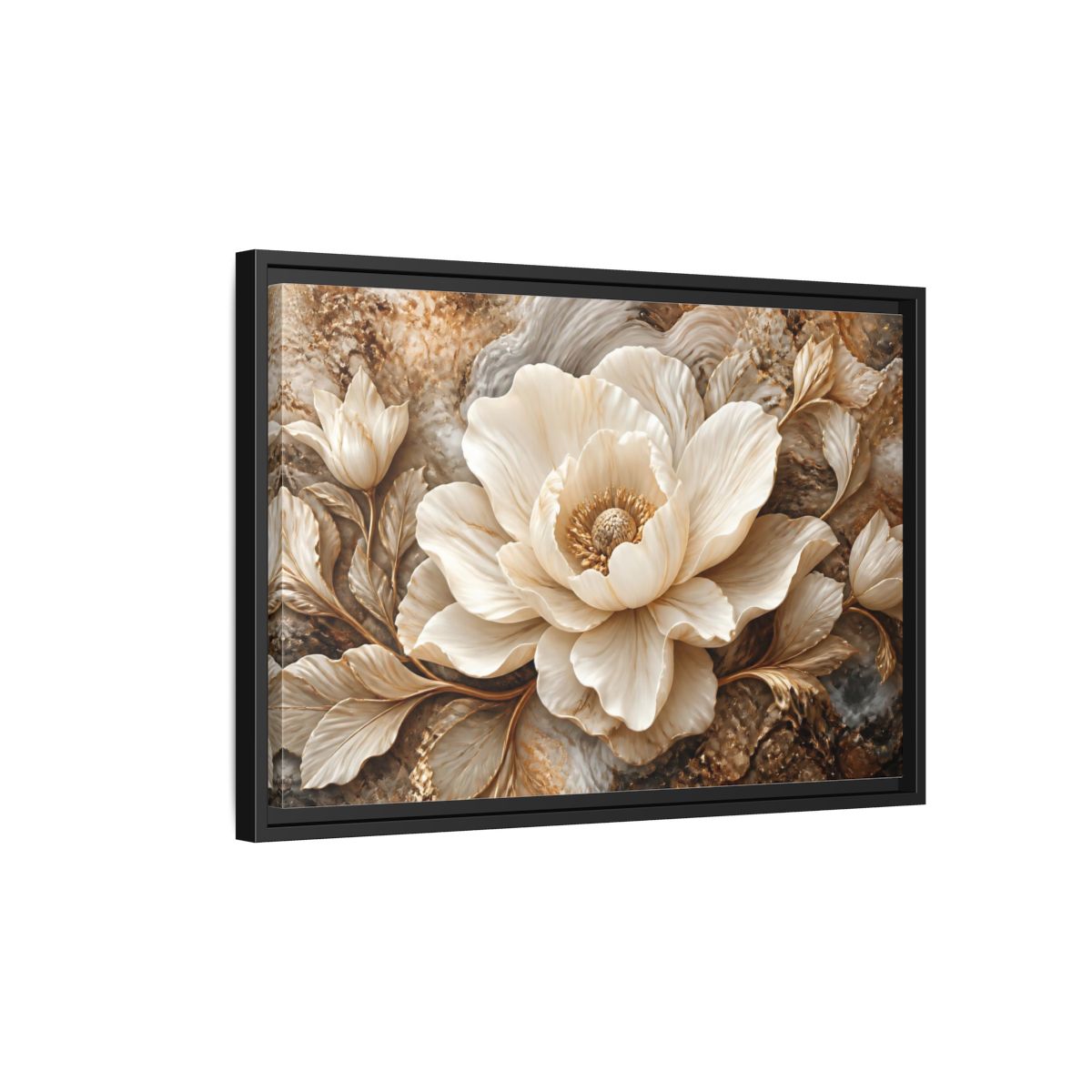 Side Mockup 3. Ivory Marble Flower Sculpture shown as framed canvas print