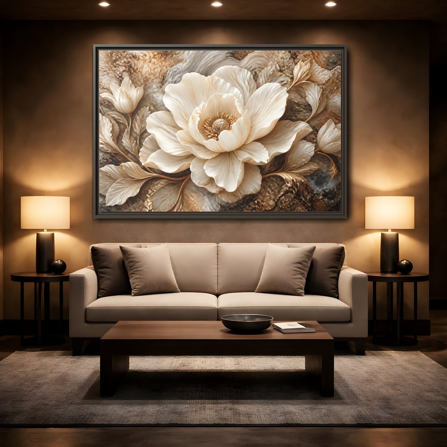 Mockup 2. Ivory Marble Flower Sculpture shown as framed canvas print
