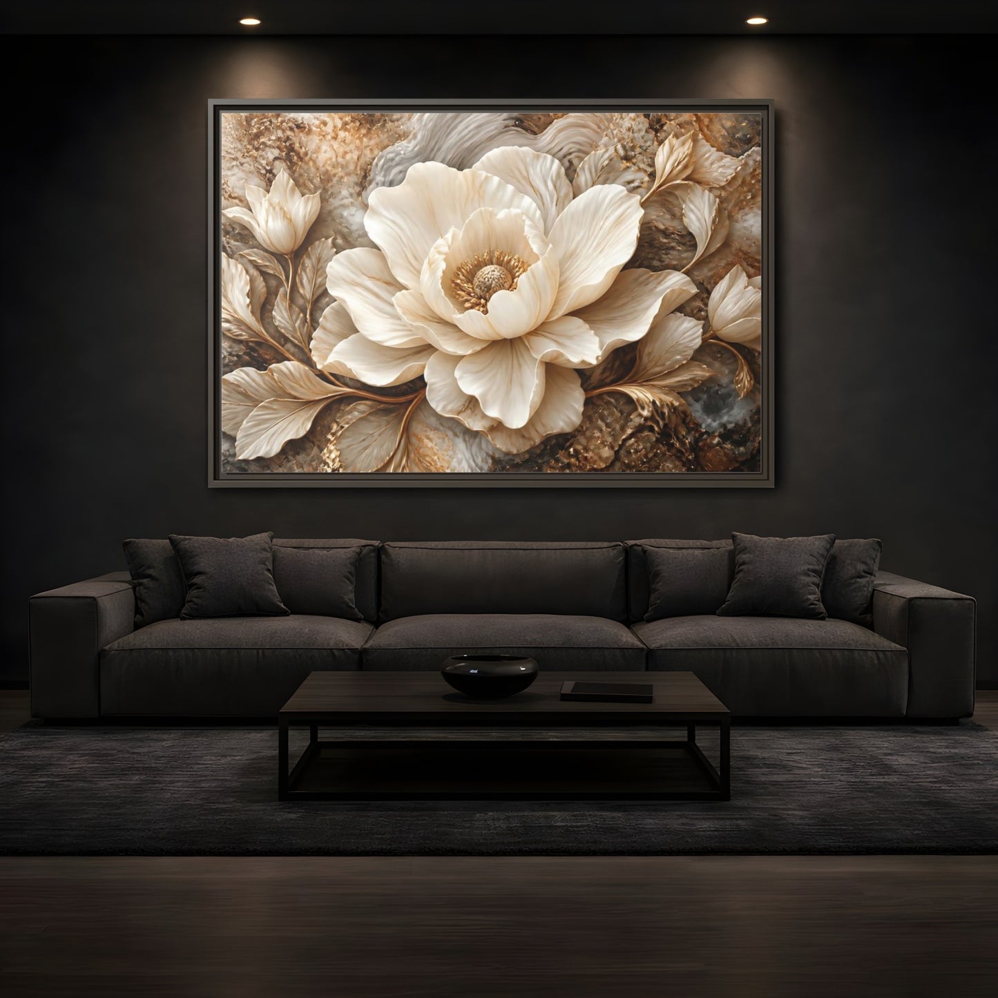 Mockup 3. Ivory Marble Flower Sculpture shown as framed canvas print