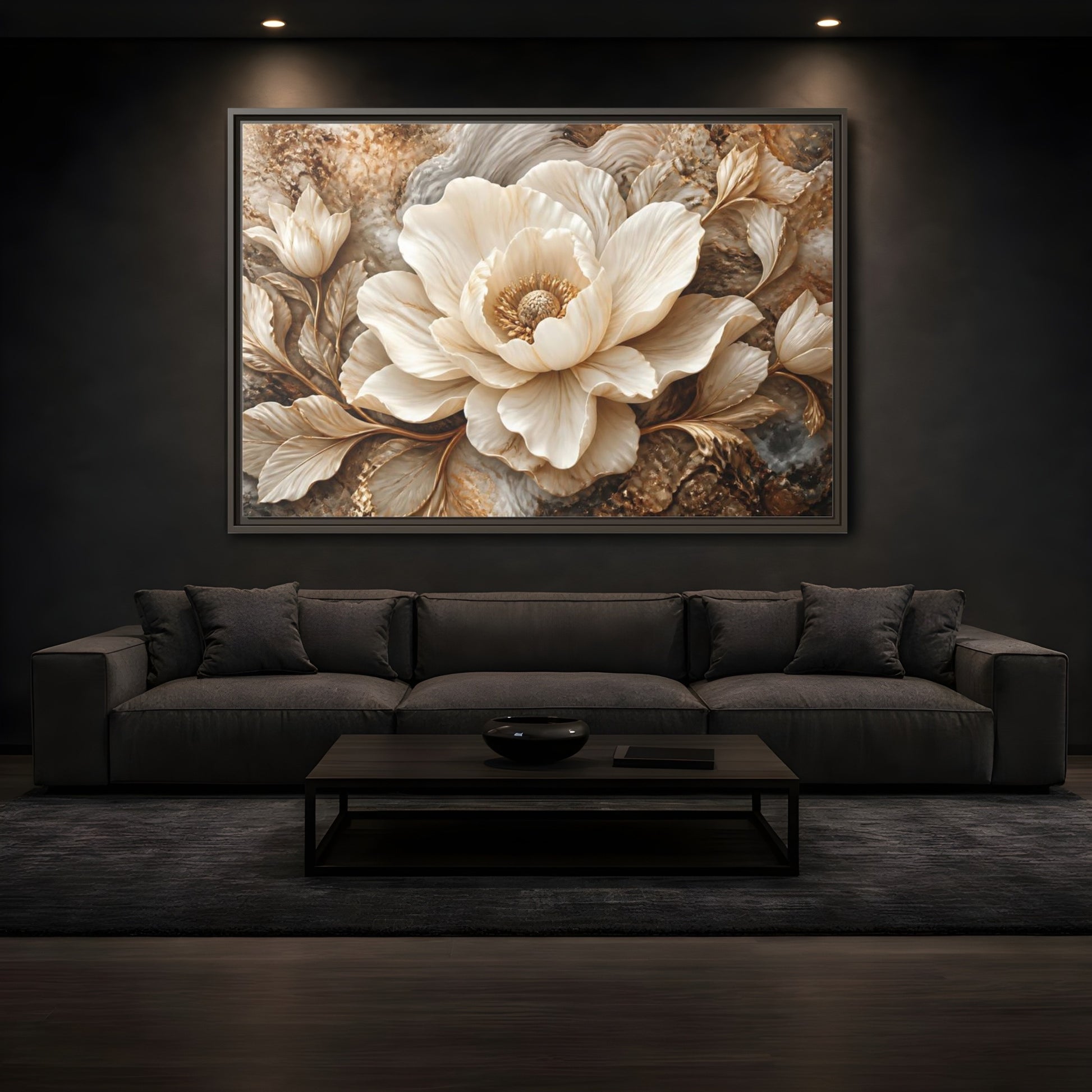 Mockup 3. Ivory Marble Flower Sculpture shown as framed canvas print