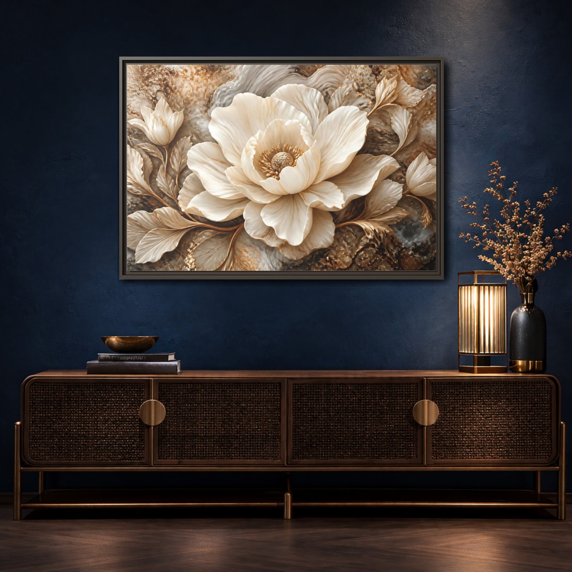 Mockup 4. Ivory Marble Flower Sculpture shown as framed canvas print