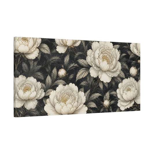 Main Mockup. Ivory Peonies On Charcoal shown as canvas print