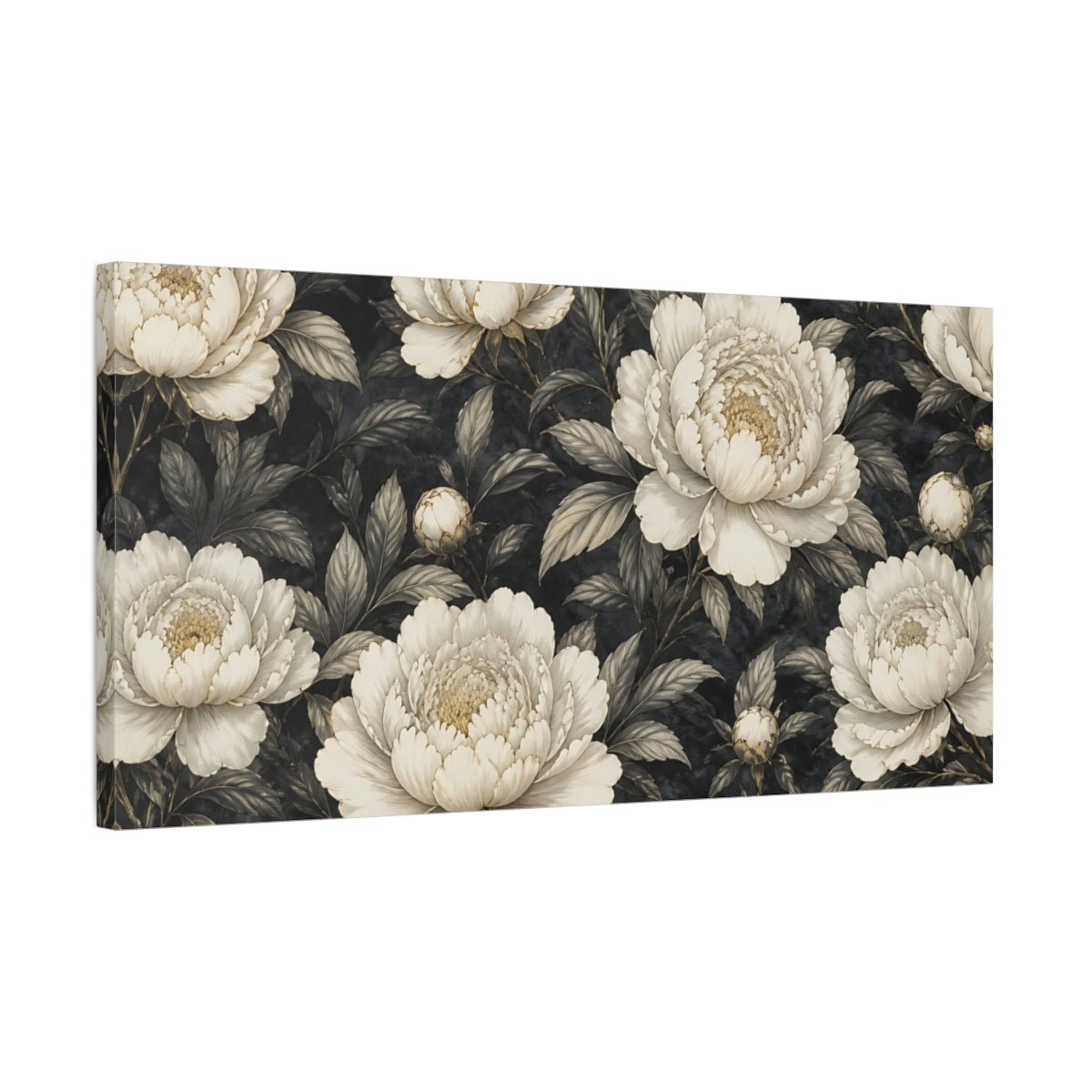 Side Mockup 1. Ivory Peonies On Charcoal shown as canvas print