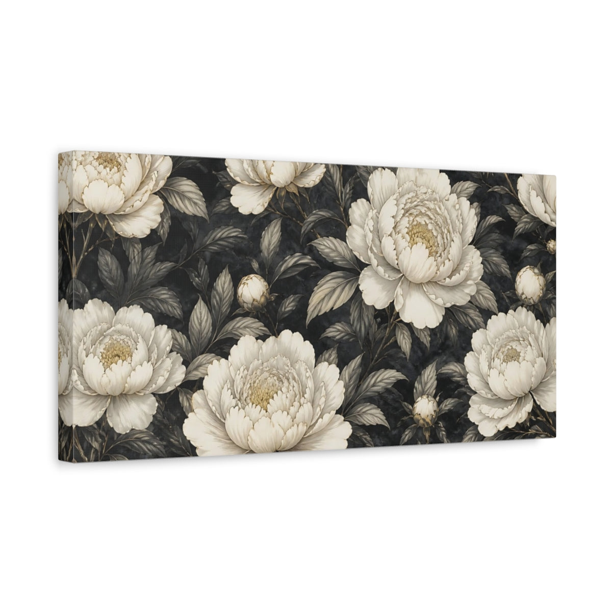 Side Mockup 3. Ivory Peonies On Charcoal shown as canvas print