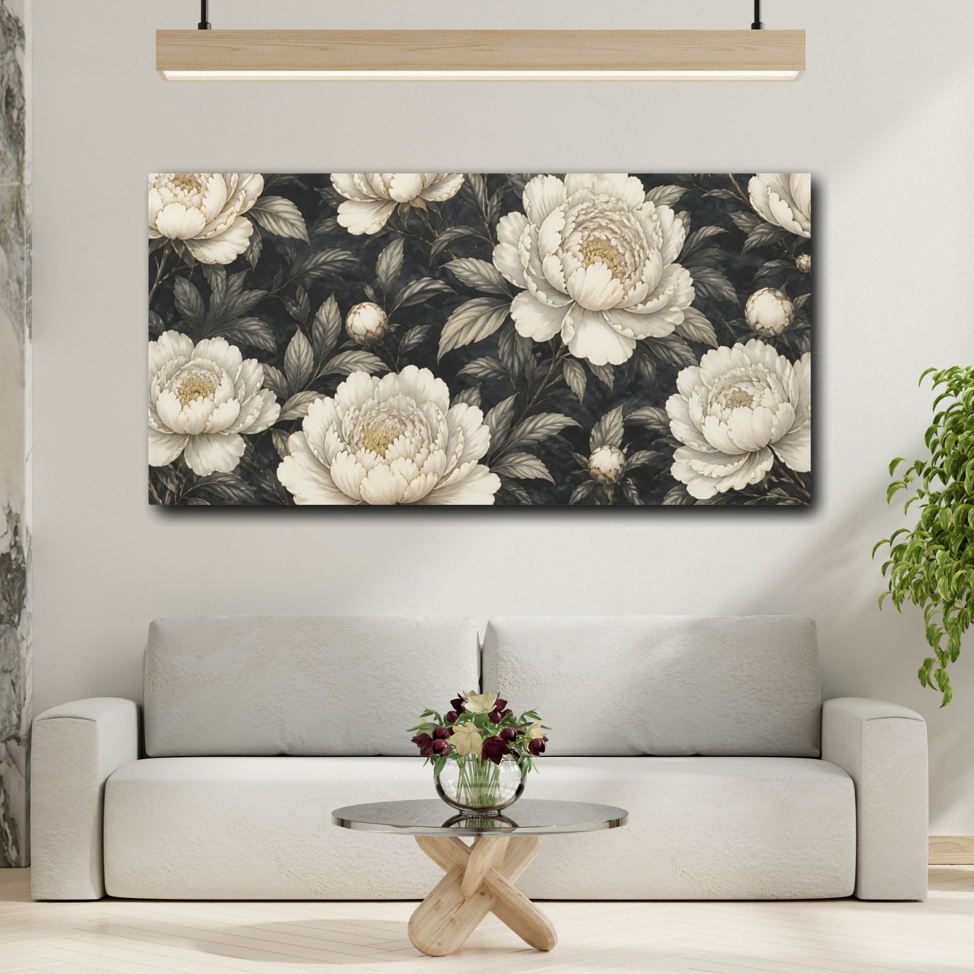Mockup 2. Ivory Peonies On Charcoal shown as canvas print