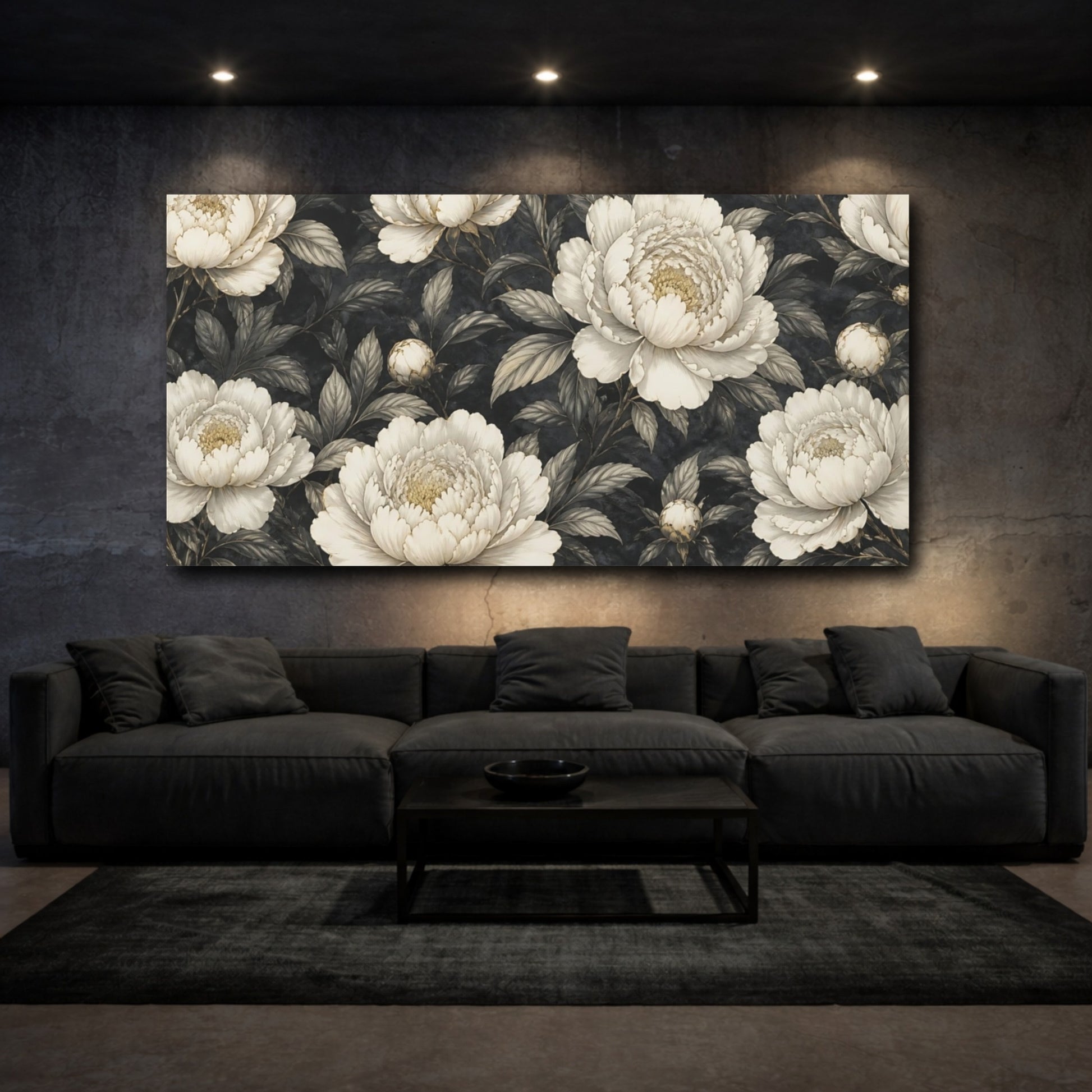 Mockup 3. Ivory Peonies On Charcoal shown as canvas print