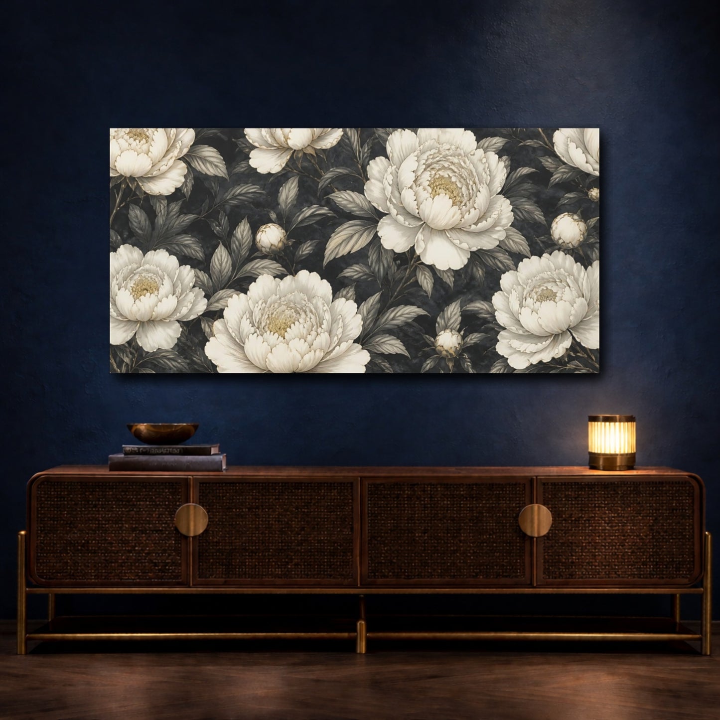 Mockup 4. Ivory Peonies On Charcoal shown as canvas print