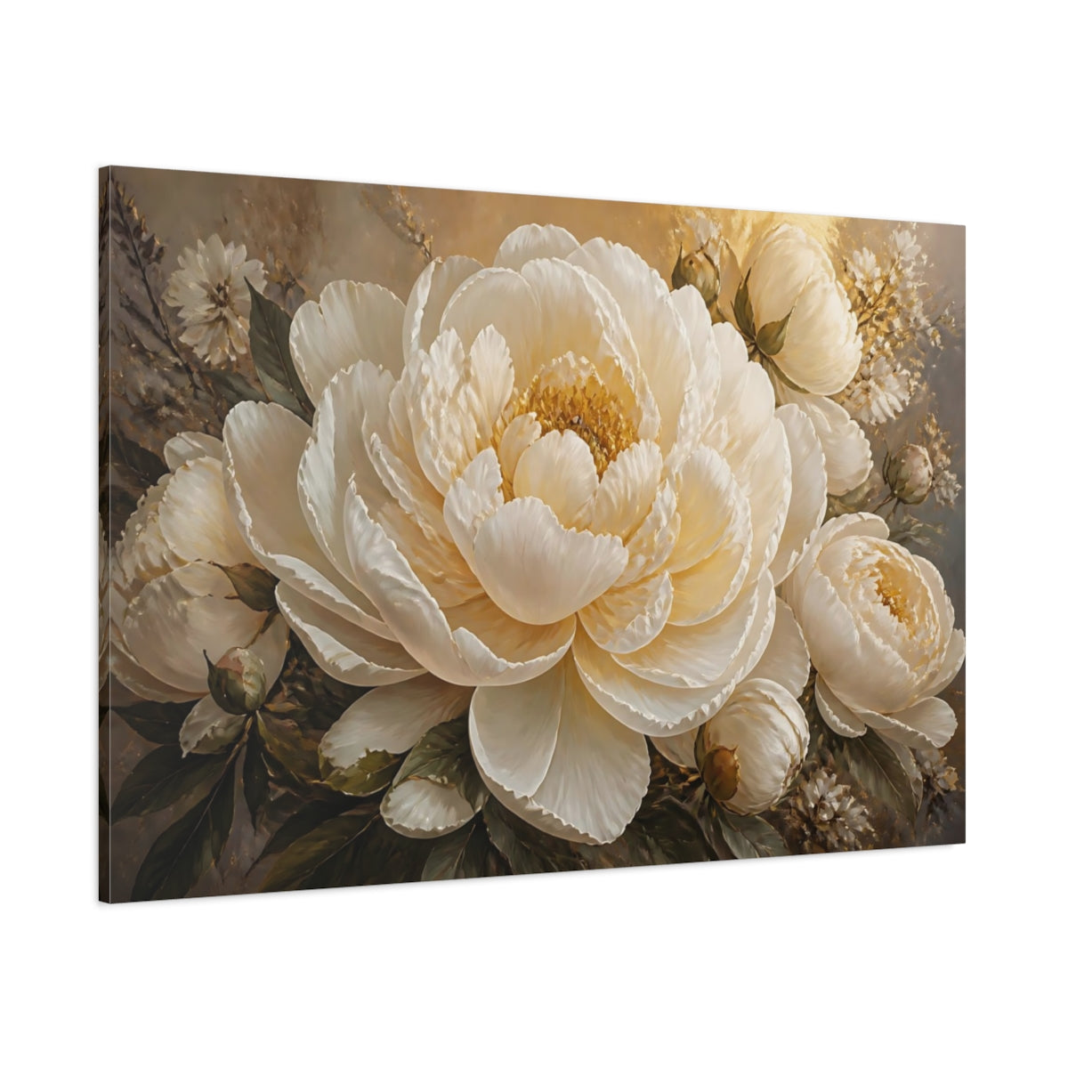Side Mockup 1. Ivory Peony Blossom shown as canvas print