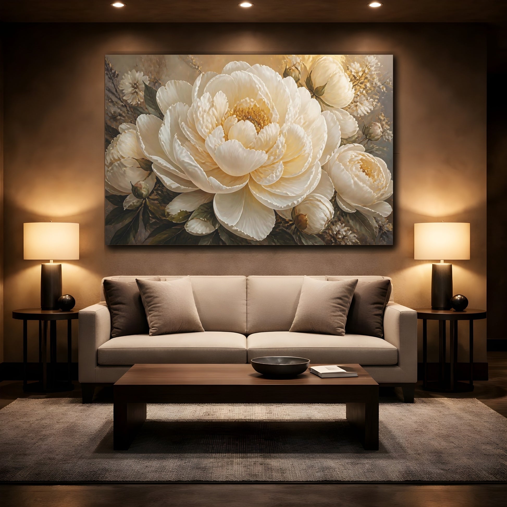 Mockup 2. Ivory Peony Blossom shown as canvas print