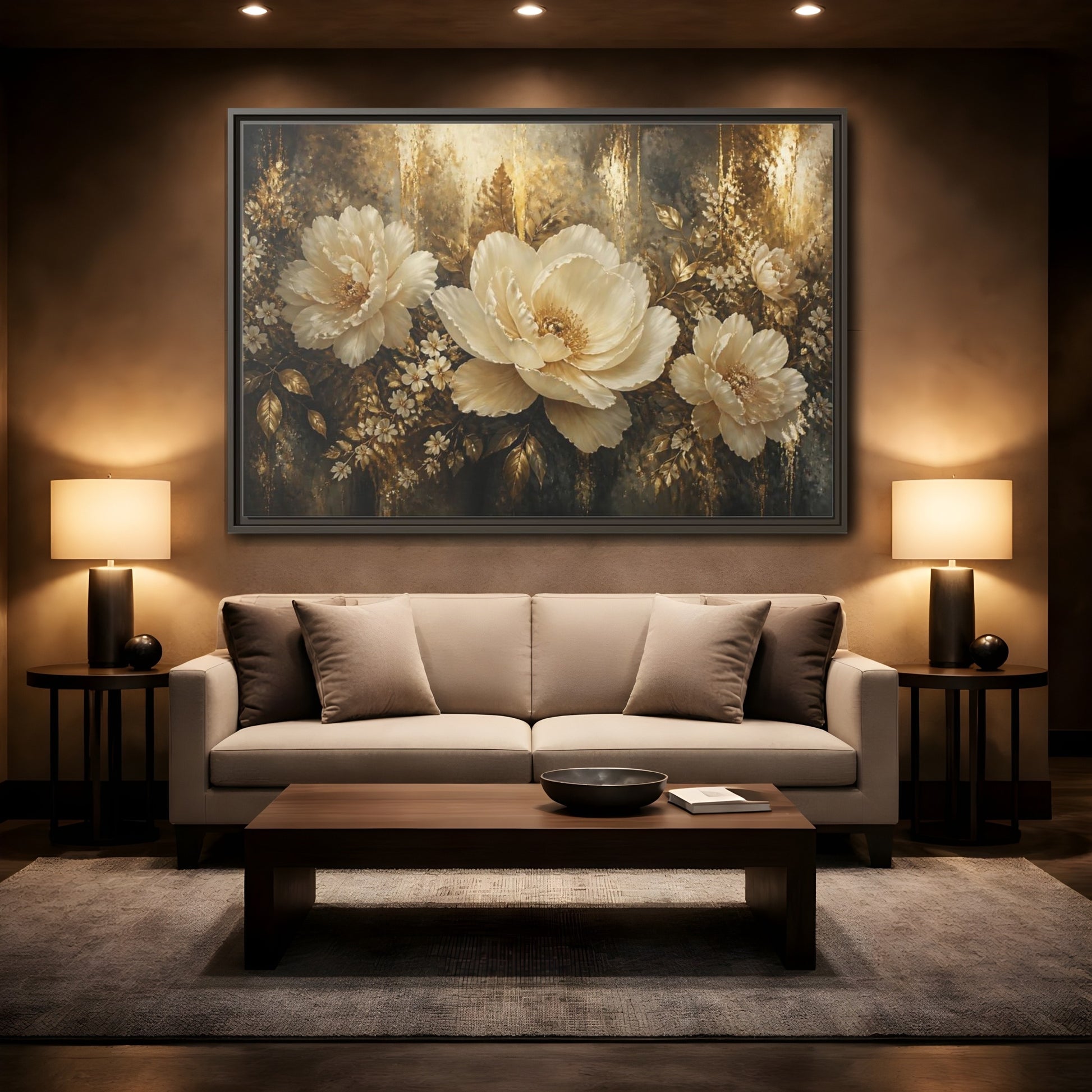 Mockup 2. Ivory Peony Elegance shown as framed canvas print