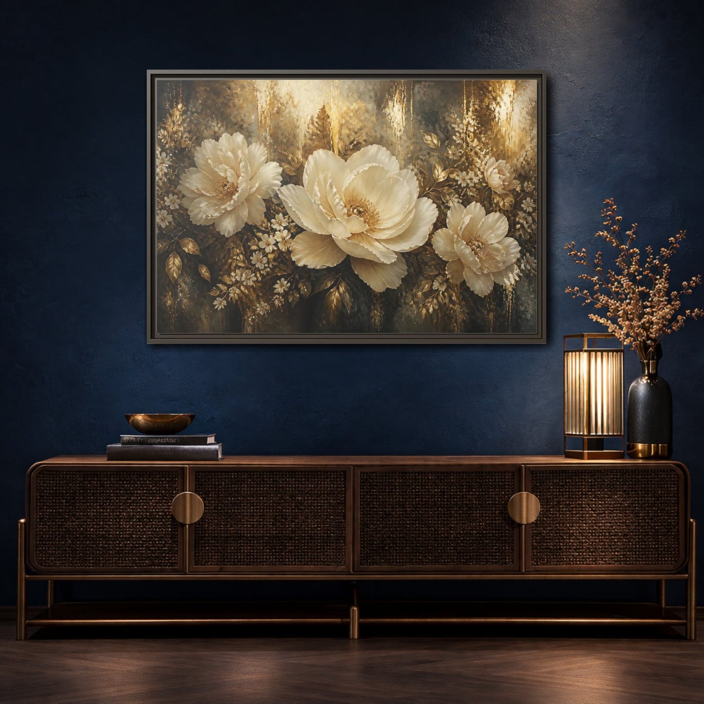 Mockup 4. Ivory Peony Elegance shown as framed canvas print