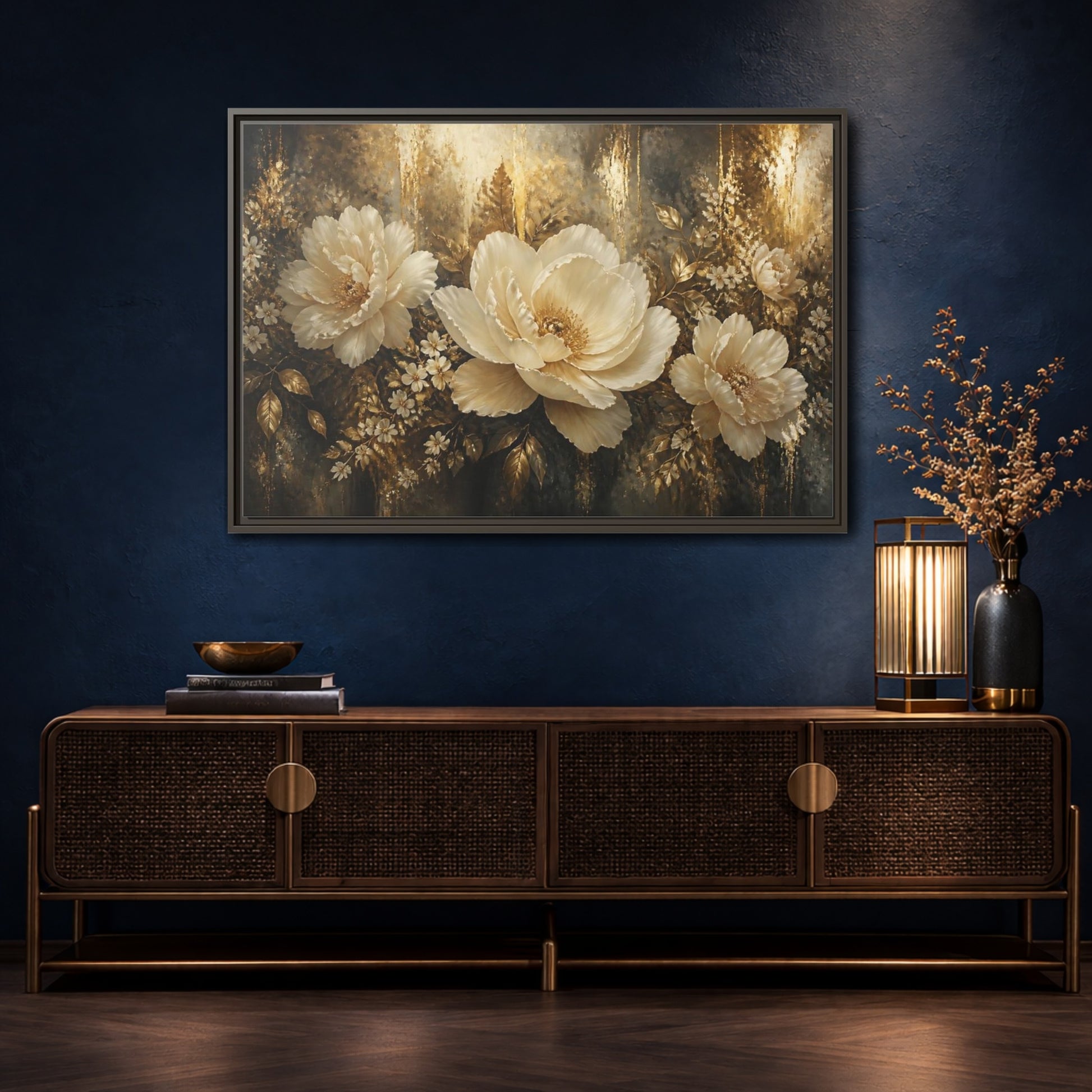 Mockup 4. Ivory Peony Elegance shown as framed canvas print