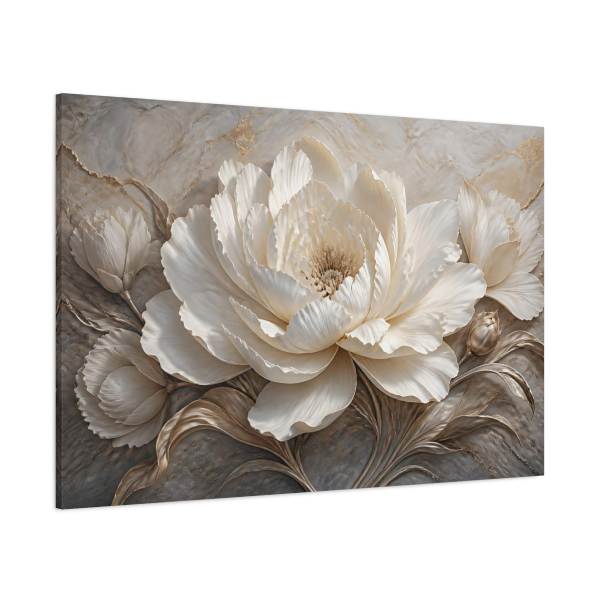 Side Mockup 1. Ivory Peony Sculpture shown as canvas print