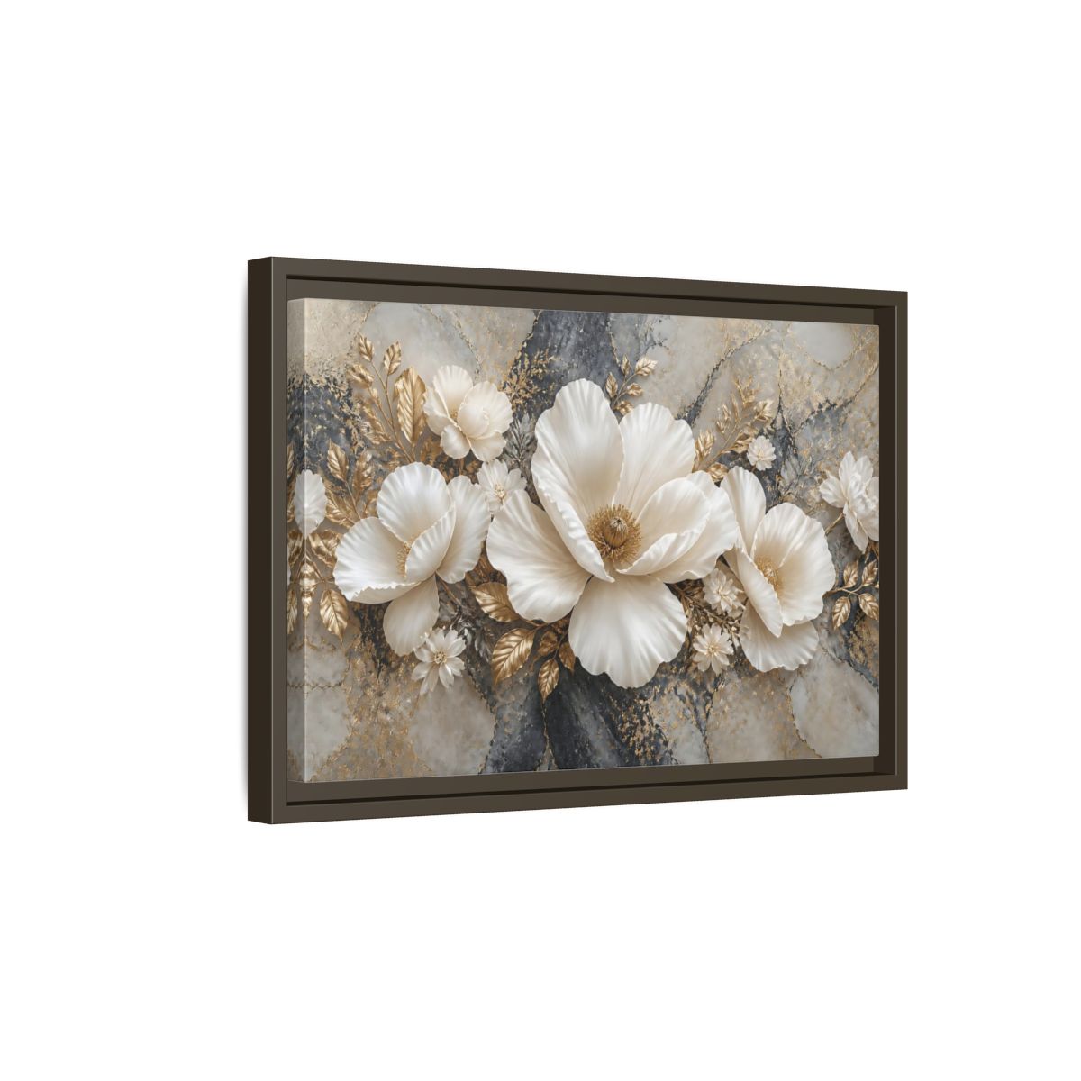 Side Mockup 5. Ivory Poppy With Gold Leaves shown as framed canvas print