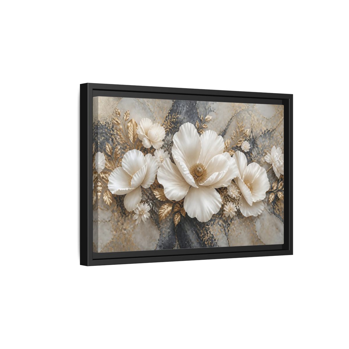 Side Mockup 6. Ivory Poppy With Gold Leaves shown as framed canvas print