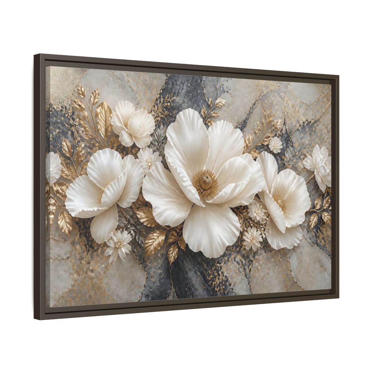 Side Mockup 11. Ivory Poppy With Gold Leaves shown as framed canvas print