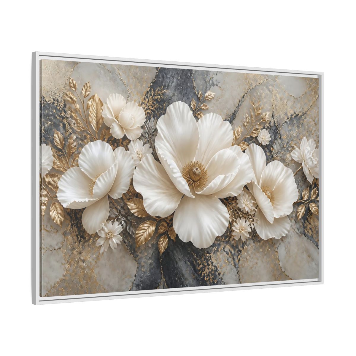 Side Mockup 7. Ivory Poppy With Gold Leaves shown as framed canvas print