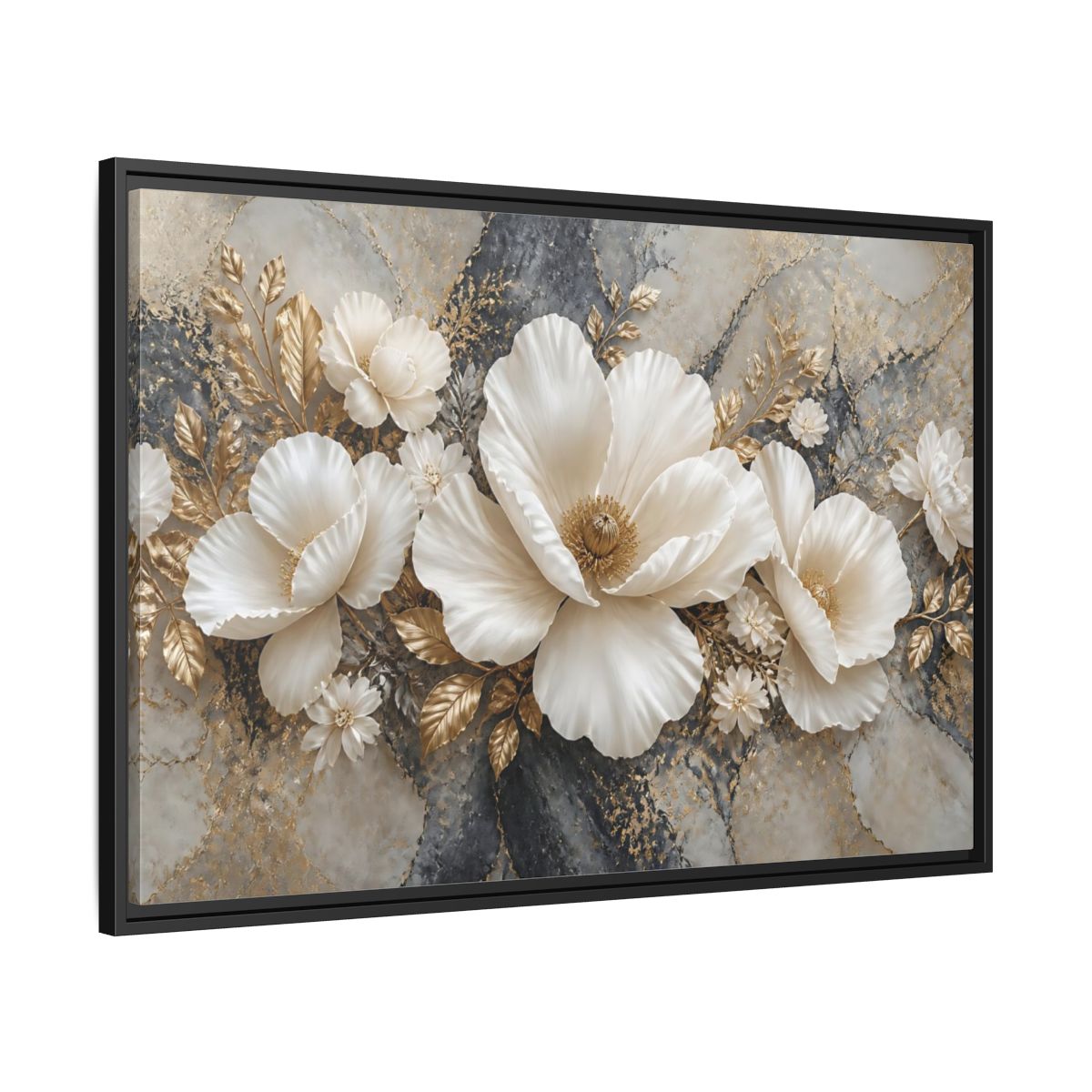 Side Mockup 13. Ivory Poppy With Gold Leaves shown as framed canvas print