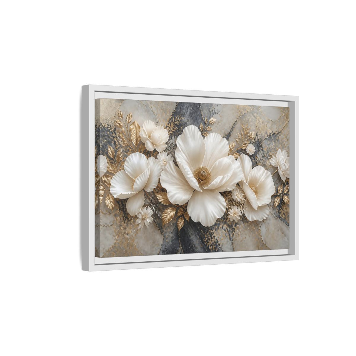 Side Mockup 4. Ivory Poppy With Gold Leaves shown as framed canvas print