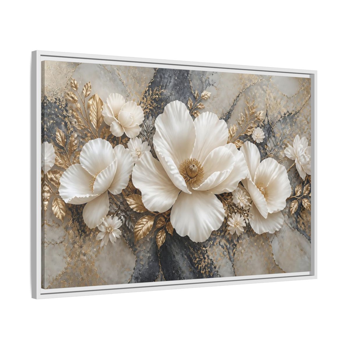 Side Mockup 9. Ivory Poppy With Gold Leaves shown as framed canvas print