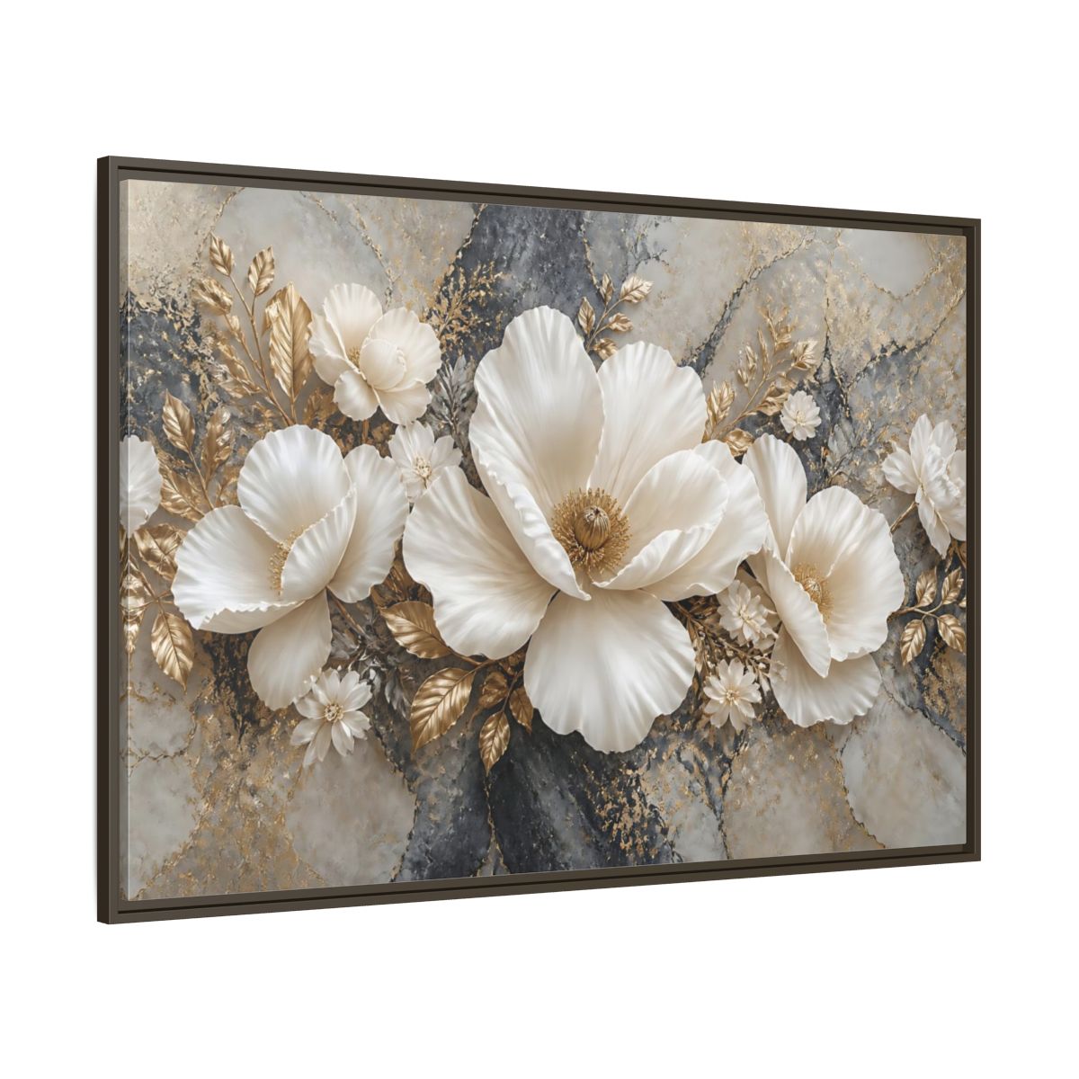 Side Mockup 8. Ivory Poppy With Gold Leaves shown as framed canvas print