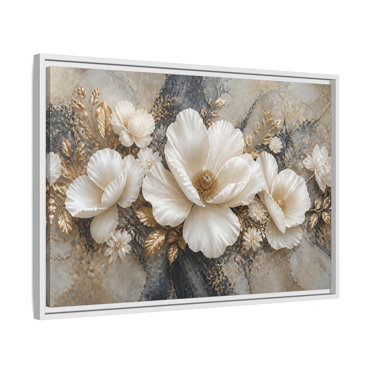 Side Mockup 10. Ivory Poppy With Gold Leaves shown as framed canvas print