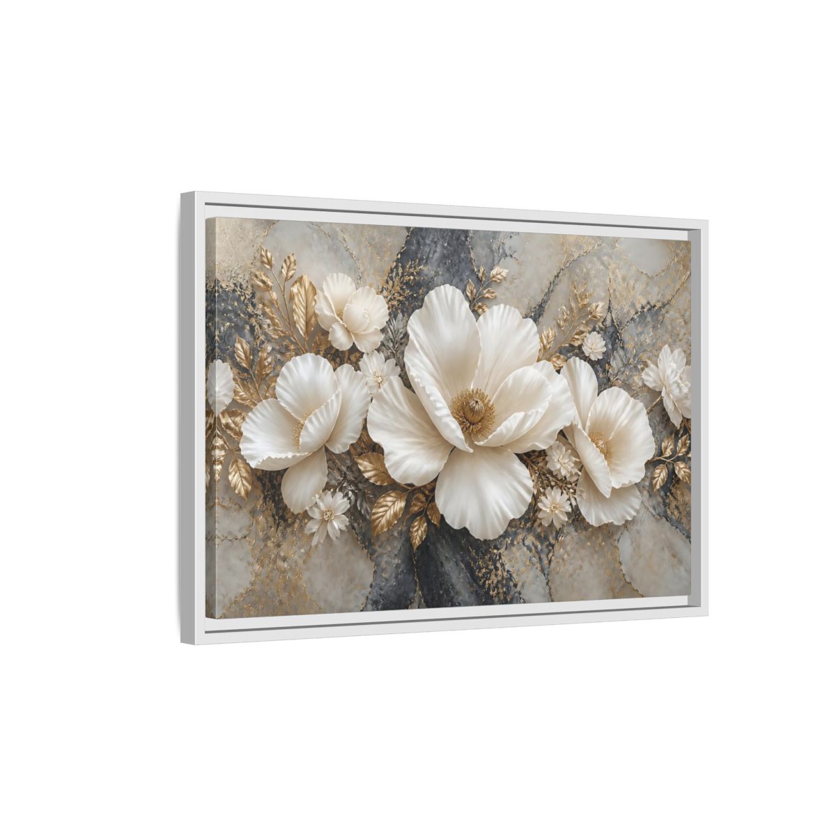 Side Mockup 1. Ivory Poppy With Gold Leaves shown as framed canvas print
