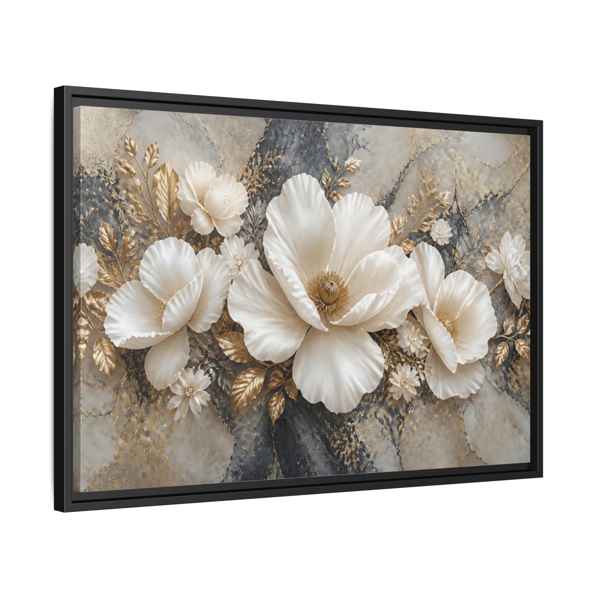 Side Mockup 14. Ivory Poppy With Gold Leaves shown as framed canvas print