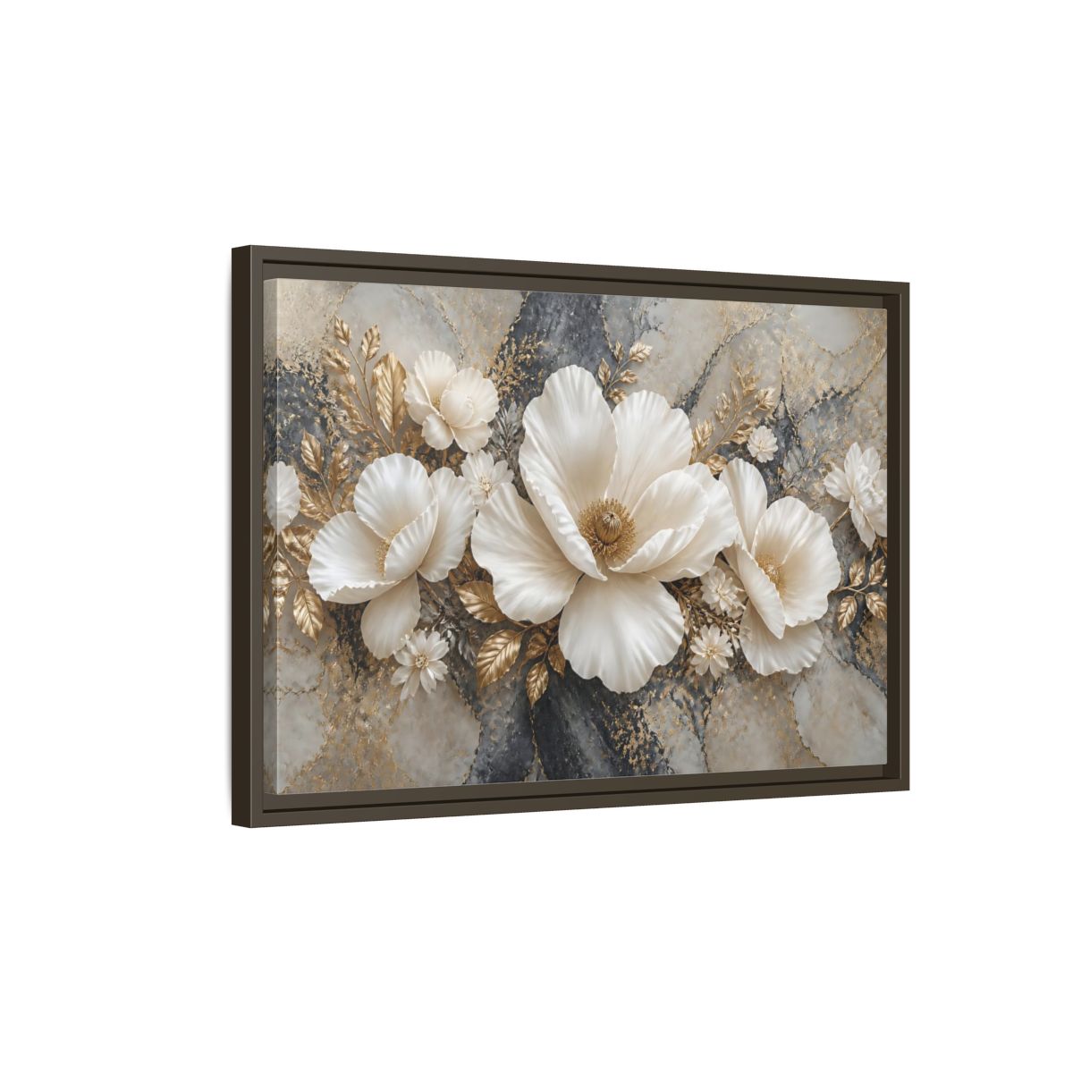 Side Mockup 2. Ivory Poppy With Gold Leaves shown as framed canvas print