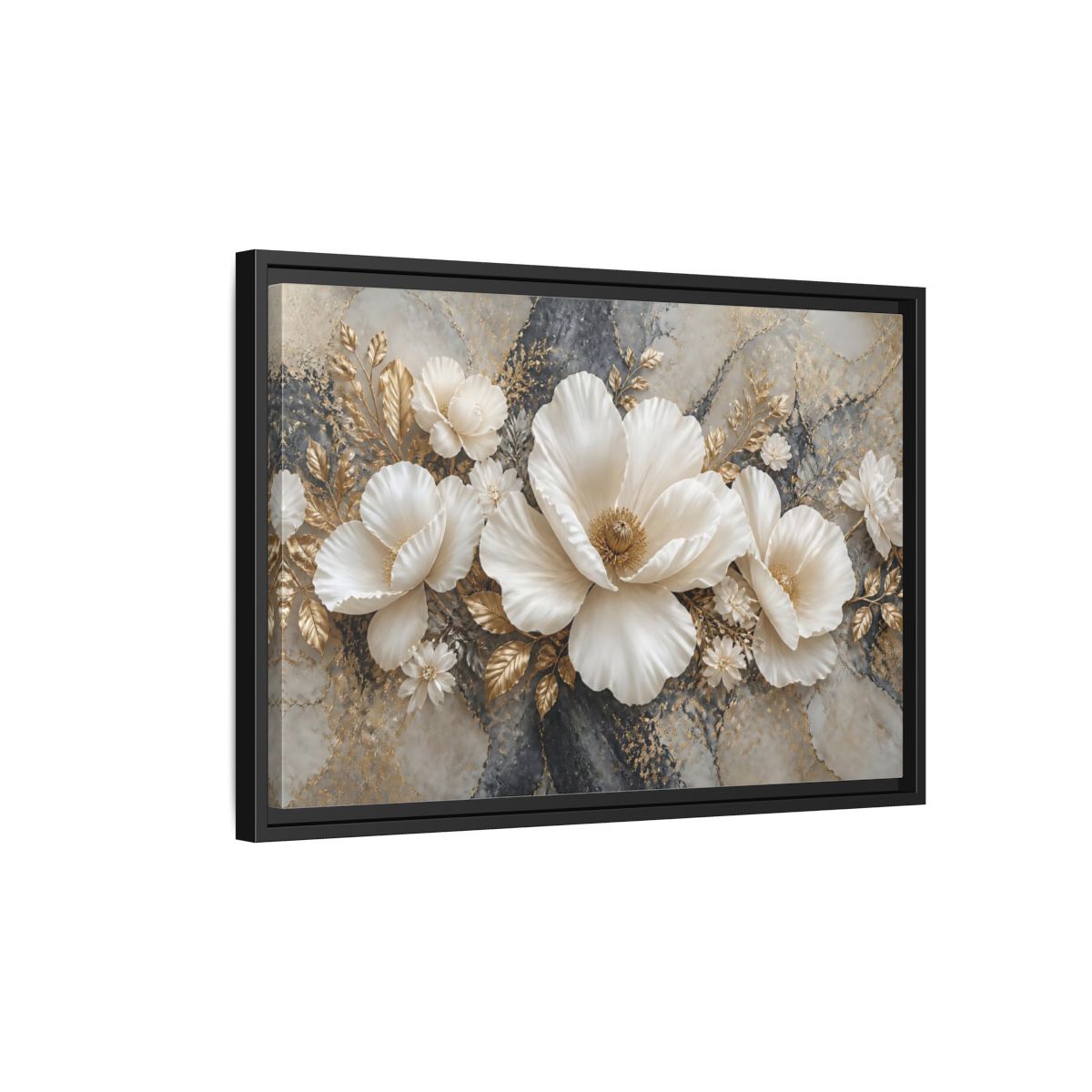 Side Mockup 3. Ivory Poppy With Gold Leaves shown as framed canvas print