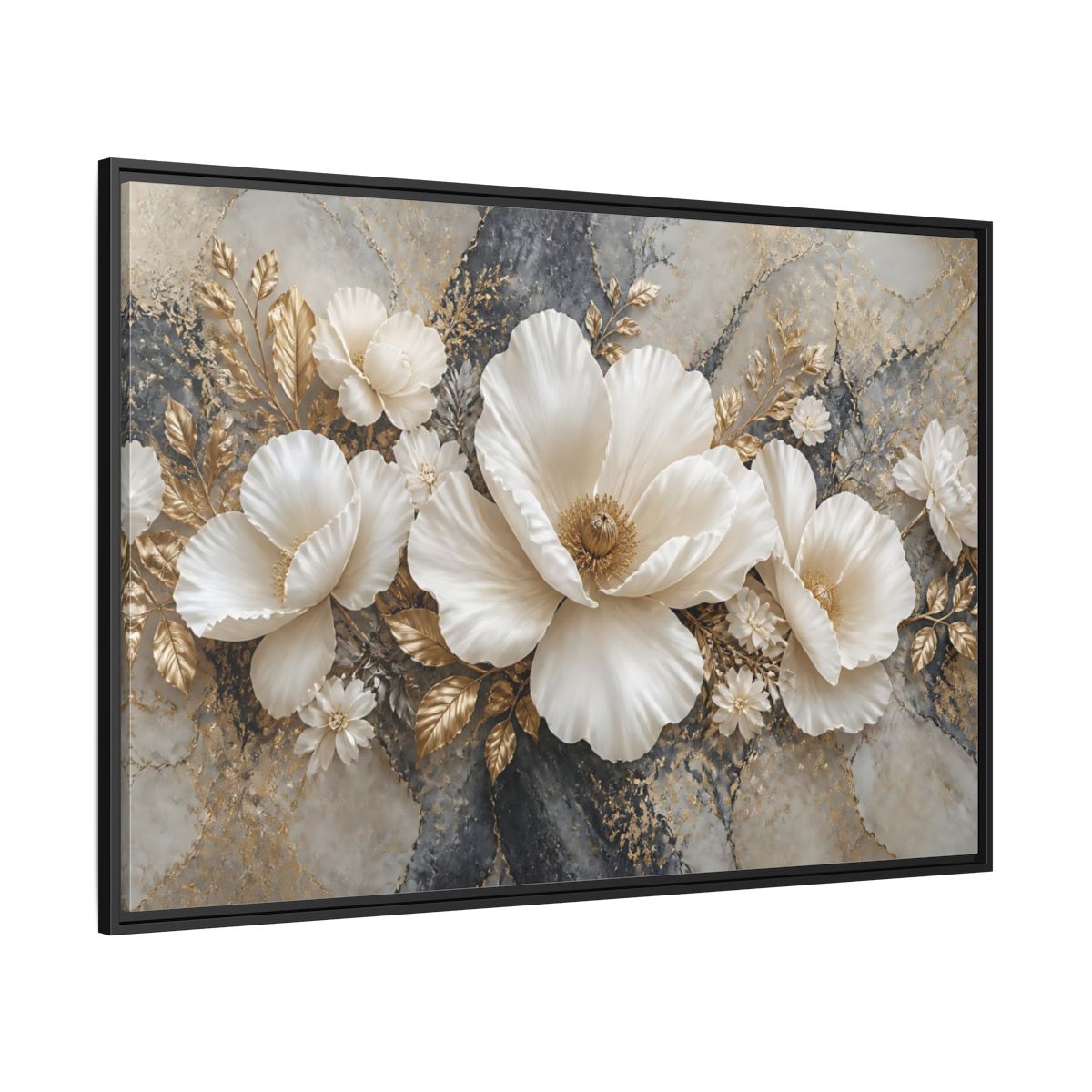Side Mockup 12. Ivory Poppy With Gold Leaves shown as framed canvas print